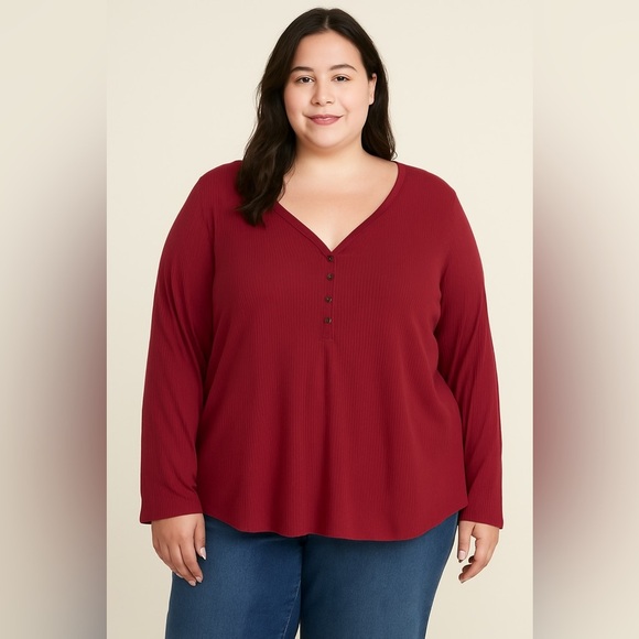 Old Navy Women’s Plus Size Burgundy Ribbed Long Sleeve Henley Top - 3X - Picture 1 of 6